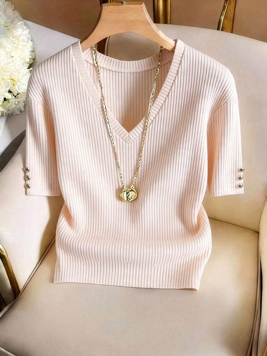 女士纯棉V领短袖基础款针织上衣，休闲常规长度毛衣 - 杏色 - 查看 1