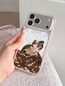 1pc Deer Lace Pattern, Contrast Color 2-In-1 Pink Shockproof Phone Case, TPU Material, Suitable As Holiday Gift, Compatible With Apple IPhone 11 12 13 14 15 16pro/Promax/14 15 16plus/17, Unisex - Multicolor - View 2