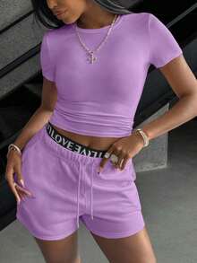 Conjunto de camiseta de manga corta y pantalones cortos de unicolor para mujer con estilo - Púrpura malva - Ver 5