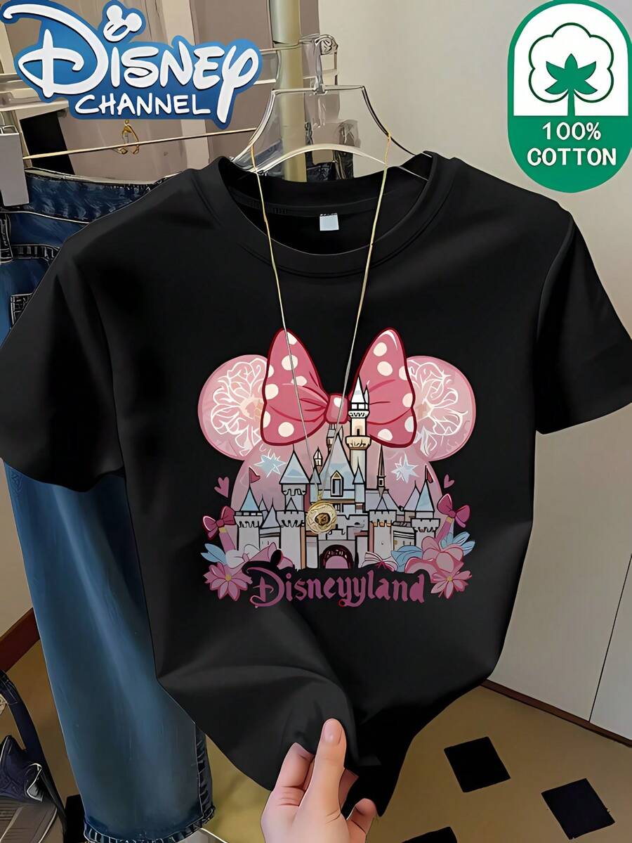 Disney Licensed 100% Casual T-Shirt For Women Featuring A Cartoon Design With Minnie Mouse Ears And The Disneyland Castle, Suitable For All Seasons, Perfect For Spring Wear - 黑色 - 查看 1