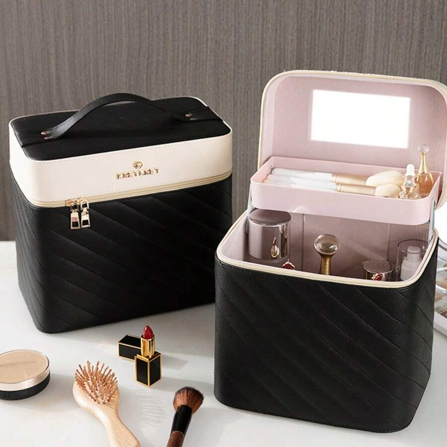 Hộp đựng mỹ phẩm LANLEO bằng da PU chần bông dung tích lớn có gương, hộp đựng mỹ phẩm hai lớp di động, túi đựng đồ vệ sinh cá nhân chống thấm nước khi đi du lịch, hộp đựng đồ chăm sóc da đa chức năng đựng son môi, kem nền, cọ trang điểm, nước hoa, trang sức, hộp đựng đồ trang điểm thanh lịch dành cho phụ nữ, lý tưởng cho gia đình, du lịch, ký túc xá, phòng tắm, quà tặng cho nam giới. - Nhiều màu - Xem 1