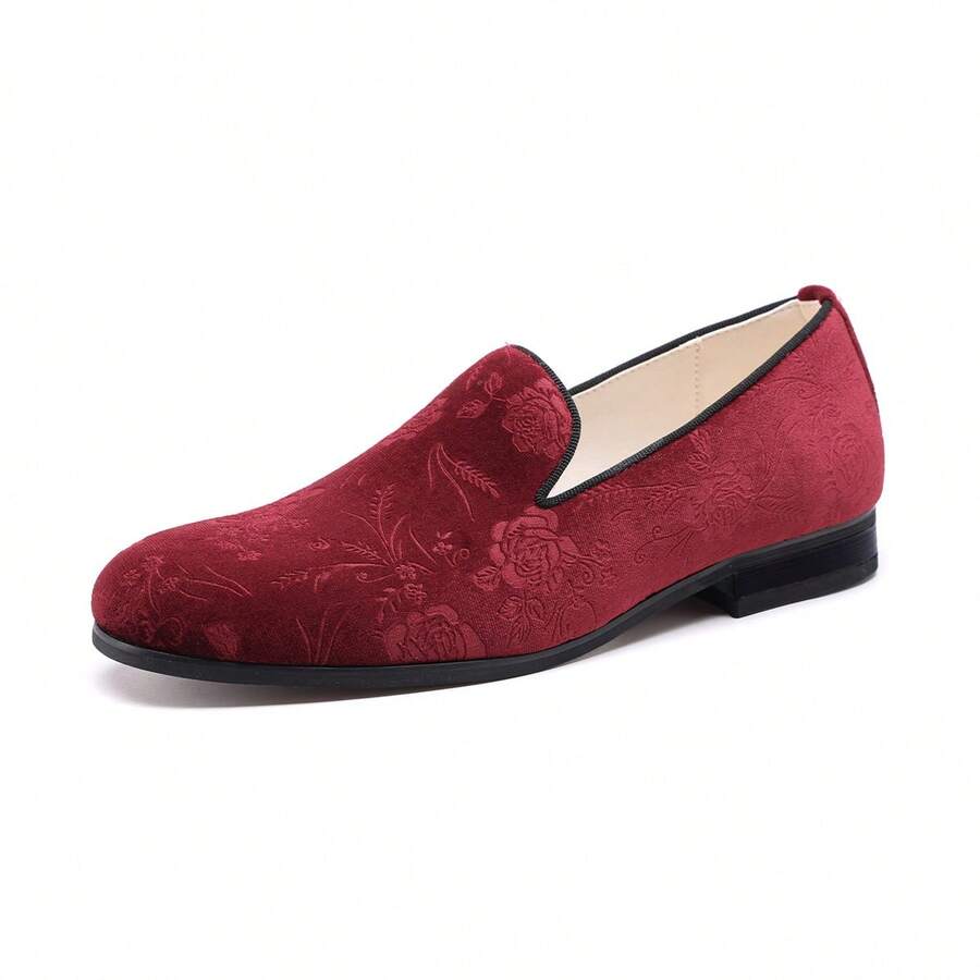 Men's Patent Velvet Patchwork Loafers Slip On Square Toe Low Top Dress Shoes Blue Colors - Burgundy - View 1