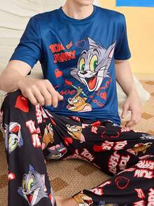 Noctvar OBM Sleepwear X TOM & JERRY Tom & Jerry Collaboration Men's Striped Pajama Set With Heart All-Over Print Long Pants, Loungewear - Multicolor - View 2