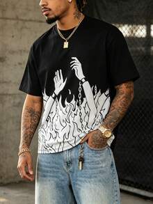 Men's Casual Flame Digital Print Short Sleeve T-Shirt, Street Style Round Neck Loose Fit T-Shirt Suitable For Daily Commute And Dating, Summer - Black - View 9