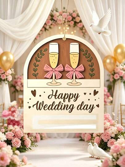 一件木质婚礼主题悬挂装饰品，设计元素包括酒杯、蝴蝶结和绿植，并印有“新婚快乐”字样。这款精美的派对小礼物用途广泛，适用于婚礼主题派对、新娘送礼会、生日派对、毕业典礼、各种主题活动、复古风活动、周年纪念日以及单身派对。