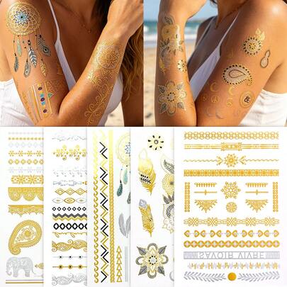 5pcs Gold Temporary Tattoos, Waterproof Gold Tattoo Designs Including Feather, Flower, Star, Mandala Patterns, Suitable For Beach, Festival, Music Party, Summer