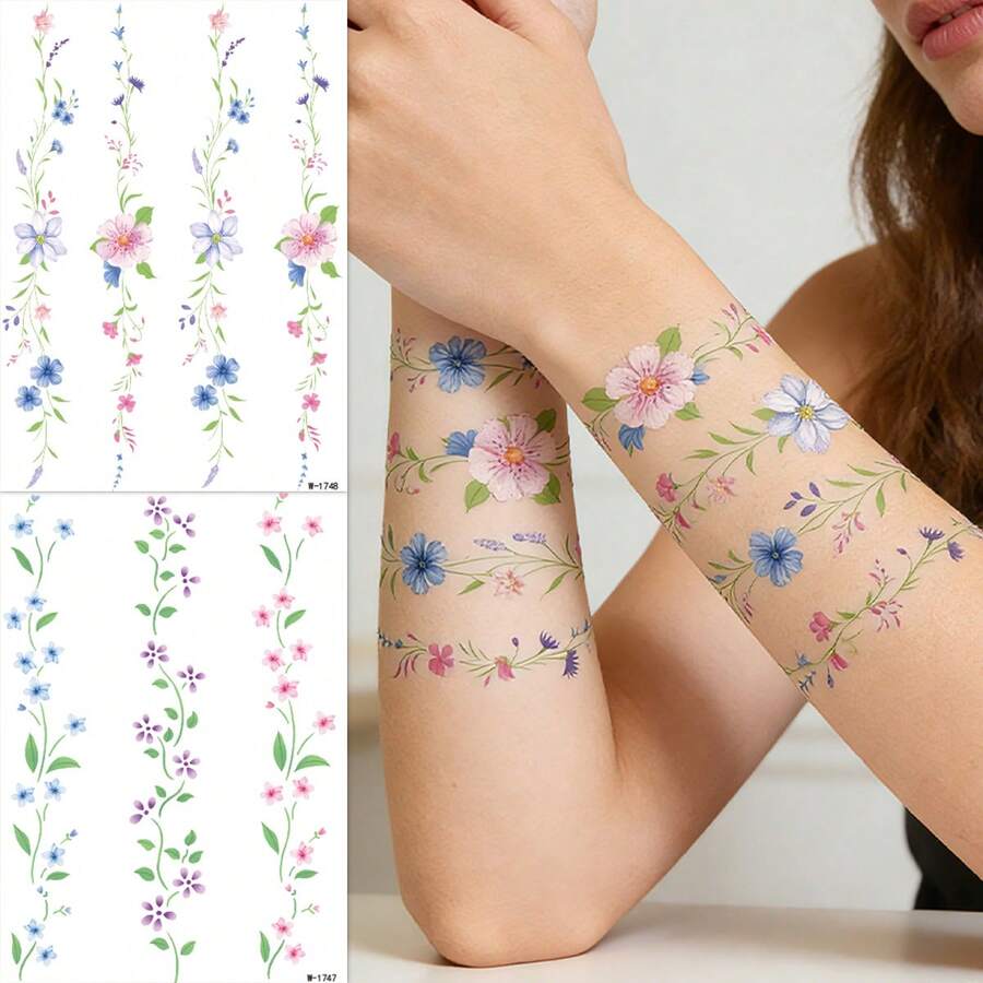 2 piezas Tatuaje temporal falso con patrón de hojas de vid verde fresco y elegante, adecuado para muñeca, tobillo, hombro, cuello, clavícula, para uso diario, fiesta, regalo, tatuaje corporal a prueba de agua y realista