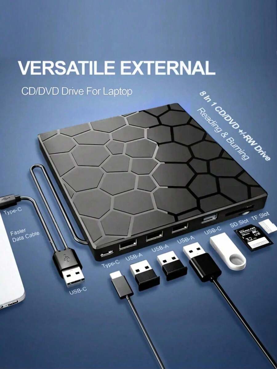 Unidad externa de CD/DVD para portátil, reproductor de DVD para portátil, quemador de CD/DVD portátil ultrafino 8 en 1 USB 3.0, compatible con portátil, ordenador de sobremesa, Apple Computer, compatible con Windows 11/10/8/7, Linux