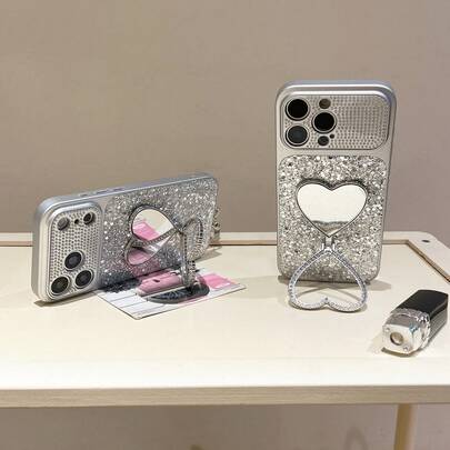Luxury Shiny Rhinestone Phone Case With Heart-Shaped Mirror Stand, Detachable Rhinestone Bracelet, Silver Glitter Protective Cover, Suitable For IPhone 17 Pro Max/17 Pro/Air/16/15/14/13 Pro Max, Y2K Cute Girl Gift