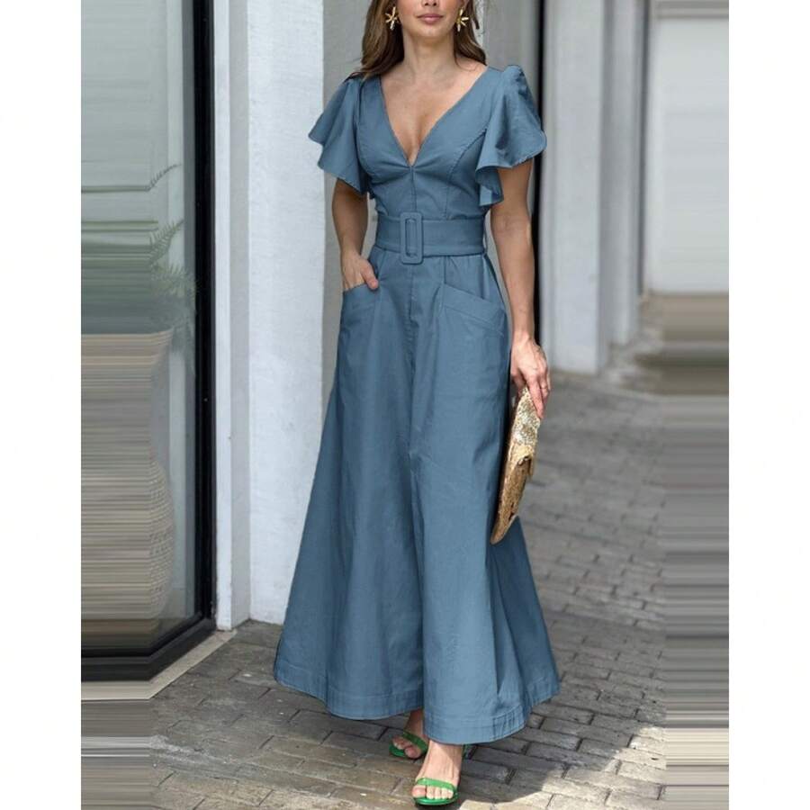 Nuevo vestido con cuello en V y mangas con volantes de color sólido, elegante vestido largo para ir al trabajo con un diseño que realza la cintura. - Azul - Ver 1