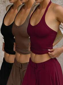 Set de 3 camisetas de tirantes finos acanaladas, versátiles y sexys para mujer, para primavera/verano - Negro, marrón, rojo vino - Ver 10