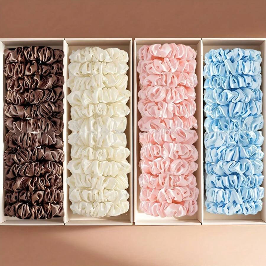 20pcs Elegant Satin Hair Scrunchies, Soft Fabric Solid Color Hair Ties Suitable For Low Ponytail, High Ponytail, Bun And Daily Hairstyles (Black, White, Pink, Blue, Brown) - Multicolor - View 1