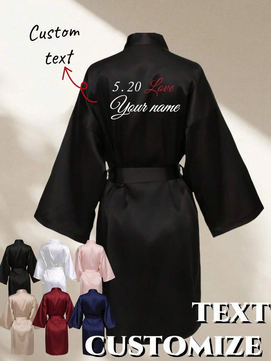 1件定制长款睡袍连衣裙，和服式七分袖，女士和服睡衣，短款性感春夏和服式优雅柔软闪亮轻盈及膝印花睡衣，万圣节，结婚纪念日礼物 - 黑色 - 查看 1