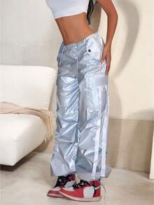 Y2K Streetwear Style Solid Color Drawstring Waist Flap Pocket Decor Loose Wide Leg Cargo Pants, Khaki - Silver Gray - View 4