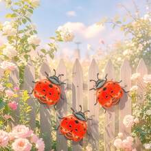 3pcs Cute Ladybug Wooden Garden Decor, 2D Flat Red Ladybug Yard Stakes, Outdoor Lawn Ornaments, Spring Flower Bed & Fence Decorations, Ideal Gift For Gardening Enthusiasts - 3pcs - View 1