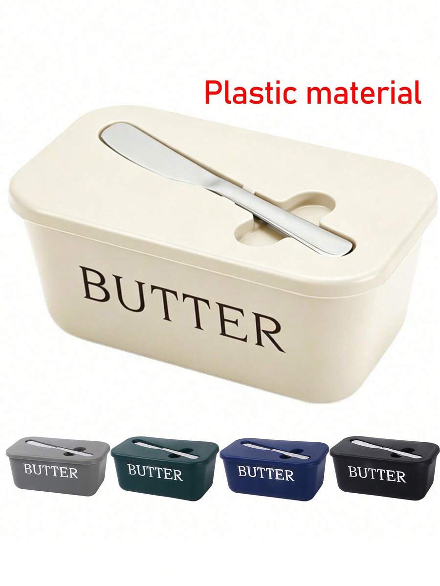 1pc Plastic Butter Box With Butter Knife And Lid, Airtight Butter Storage Container For Kitchen Baking And Gifting, Dishwasher - Multicolor - View 1