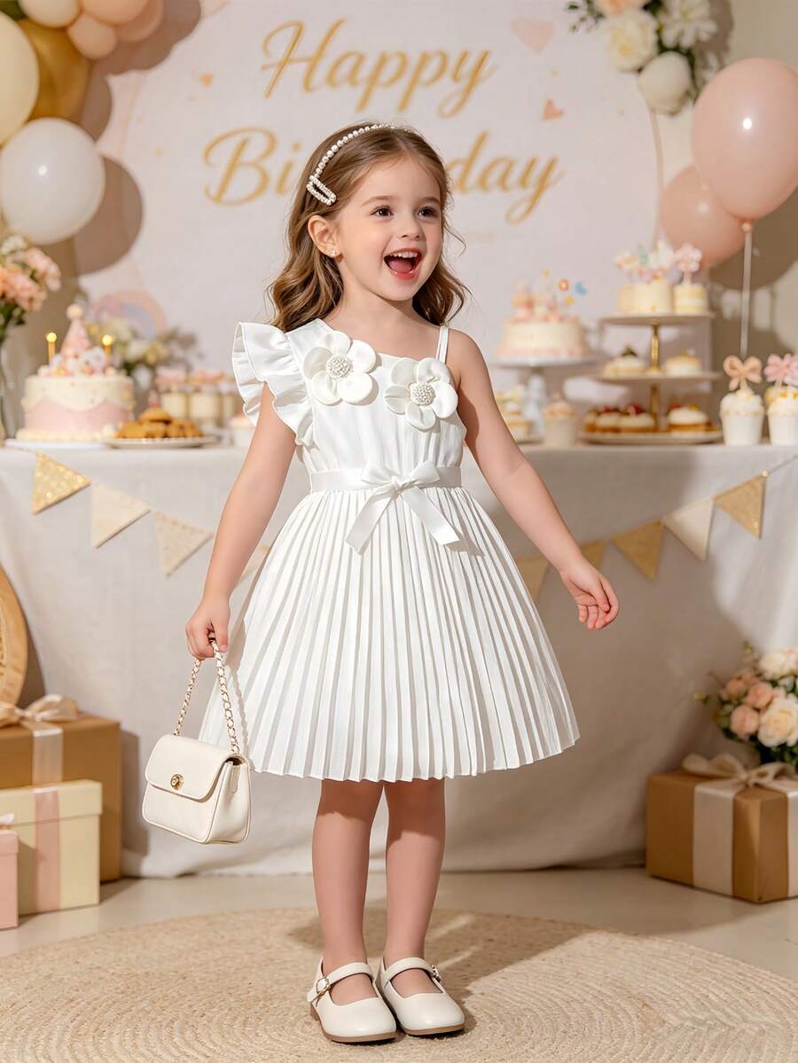 Đầm hè dáng casual cho bé gái, họa tiết hoa 3D, dây mảnh, viền bèo nhún, thắt nơ, chân váy xếp ly, kiểu dáng thời trang và thanh lịch tối giản, phù hợp cho mặc hàng ngày, dự tiệc và các dịp trang trọng. - trắng - Xem 1