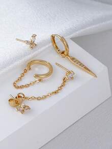 4Pcs Butterfly Layered Earring For Women, Golden Dangle Drop Earrings With Chain, Cute Zirconia Cartilage Stud Jewelry Pack - Yellow Gold - View 2