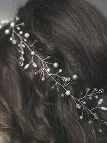 1pc Pearl & Rhinestone Flower Headband Hair Chain, Elegant Wedding/Party Hair Accessory For Girl - White - View 3