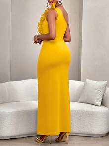 AIJ Autumn/Winter Women's Solid Color Asymmetric Shoulder Ruffle Pleated Design Sleeveless Elegant Charming Slit Dress, Suitable For Parties, Dates, Bachelorette Parties, Formal Dinners Or Celebration Events - Pale Yellow - View 1