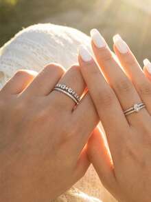 Jessie Jewelry 1 Stück luxuriöser und glamouröser glänzender vintage 925 Silber Kubikzirkonia Kronen-Design Doppelring, elegantes Geschenk für Frauen zum Tragen an Dates, Partys und im Alltag - Silber - Übersicht 3