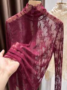 2024 Nova Camiseta Regata de Renda de Gola Alta Leve, Camiseta Interna Plissada de Tule para Mulheres, Casual de Primavera e Outono para Férias - Vinho - Visão 4