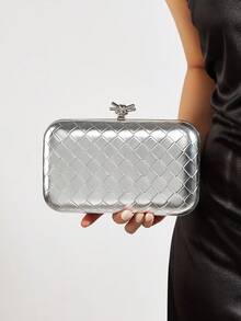 REMANLAND Bolsa Clutch de Noite Feminina, Prata, Elegante, Requintada, de Alta Qualidade, Couro Sintético Feminino, Textura Trançada, Clutch de Noite, Pele de Cobra Elegante, Bolsa de Maquiagem Feminina, Carteira Portátil, Com Corrente de Metal Bolsa Transversal, Adequada para Casamentos, Festas, Reuniões - Prata - Visão 2
