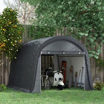 3x3 M Garden Shed With Aluminum Cladding, UV Protection, Water Repellent, Made Of Steel, PE, Grey Color, With Two Roll-Up Doors.