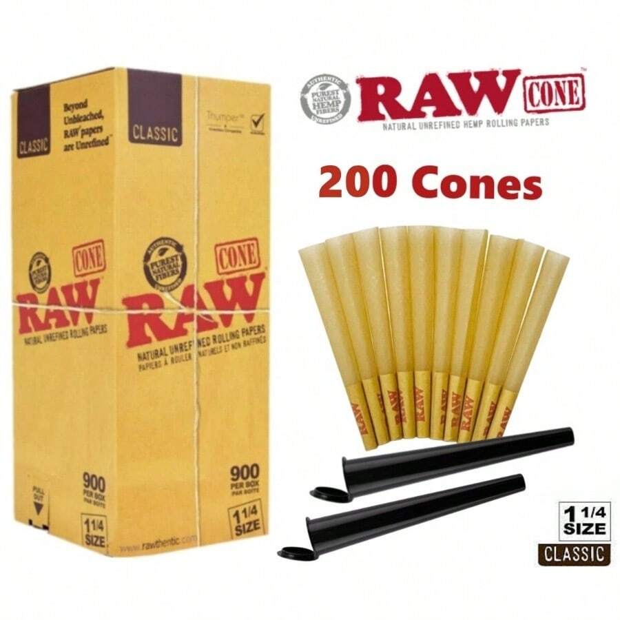 Authentic RAW Classic 1 1/4 Size Pre-Rolled Cone 200 Pack Andamp; Free 2 Tubes - As Pic - View 1