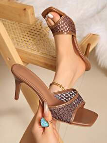 2026 Summer New Pointed Toe High Heel Slip-On Slippers, Lace Sexy High Heel Sandals For Women - Brown - View 1