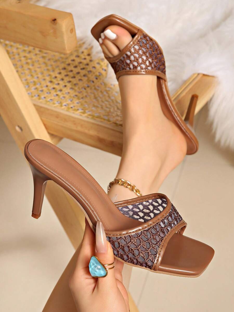 2026 Summer New Pointed Toe High Heel Slip-On Slippers, Lace Sexy High Heel Sandals For Women - Brown - View 1