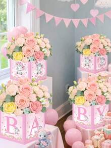 Conjunto de 4 caixas de flores rosa e azul com estampa de elefante, ideais para arranjos florais em chá revelação, centros de mesa para chá de bebê, decoração de mesa para festa de 1 ano, adereços para fotos, perfeitas para arranjos de flores DIY, presentes e decoração de casa. Caixas de papelão resistentes, design minimalista, artigos para festa de bebê e lembrancinhas. - filhote de elefante - Ver 8