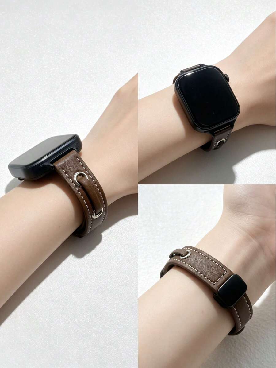 1条男女通用真皮表带，兼容红米手表6、手表5、手表4、小米手环8 Pro/9 Pro，铆钉折叠磁吸表带，手表配件 - 咖啡棕 - 查看 1