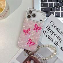 美学全息爱心手机壳，可爱3D粉色蝴蝶亮片手机壳，珍珠手链挂绳，水钻相机框，防摔亮片保护套，适用于 17 Pro Max/17 Pro/17/Air/16/15/14/13系列，Y2K可爱女孩礼物 - 粉色 - 查看 4