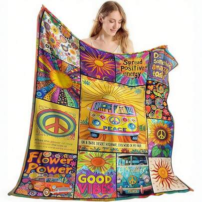 1 pezzo Coperta in flanella comoda - Tema hippie, motivo floreale a girasole e sole, design minimalista, stampa digitale a colori arcobaleno - Ideale per soggiorno e campeggio - Regalo perfetto per famiglia, amici e compagni di classe