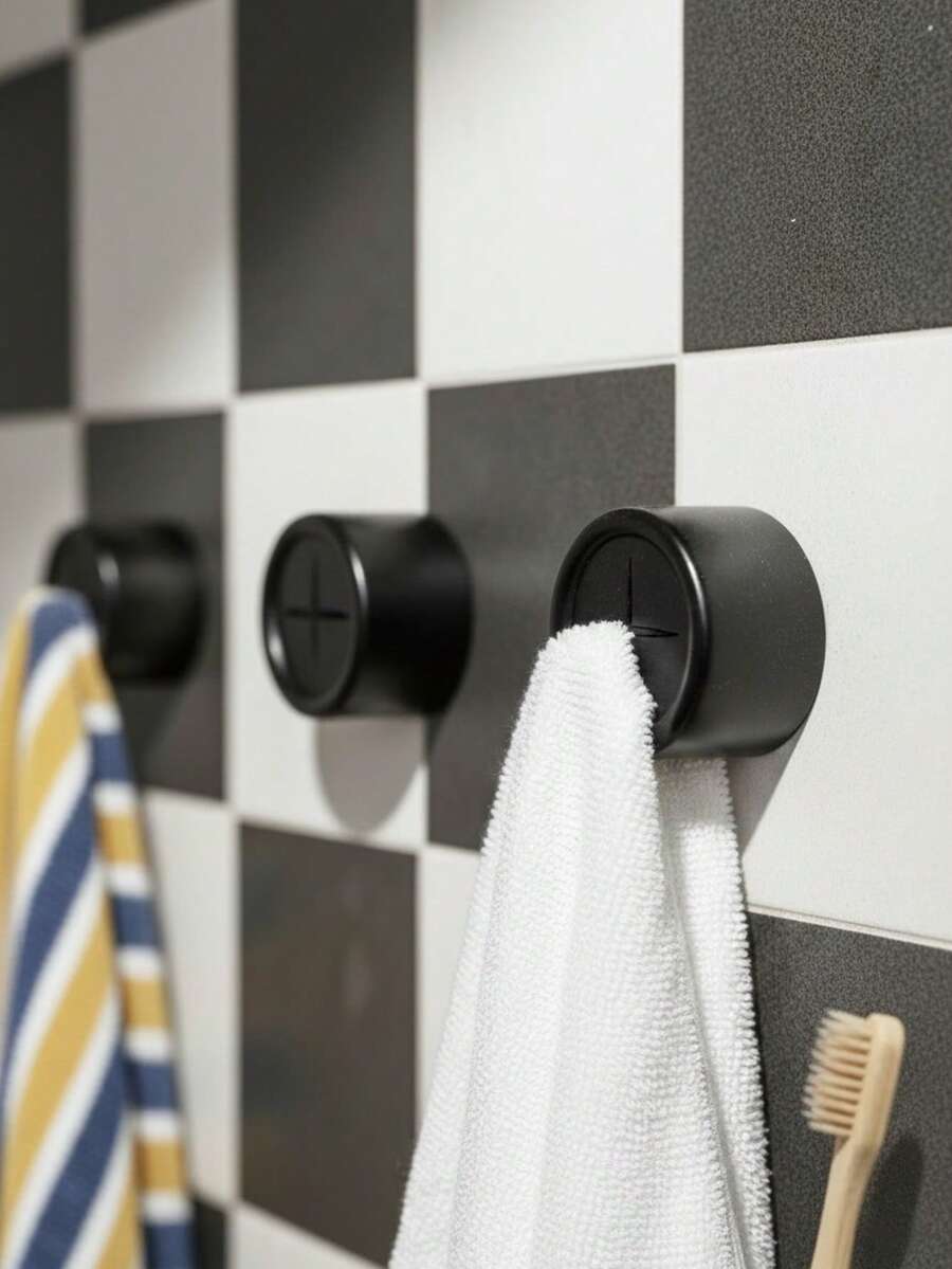 2 piezas Toallero de cocina, ganchos adhesivos redondos para toallas aptos para baño, cocina, hogar, pared, gabinete, garaje, sin necesidad de perforar - Negro - Ver 1