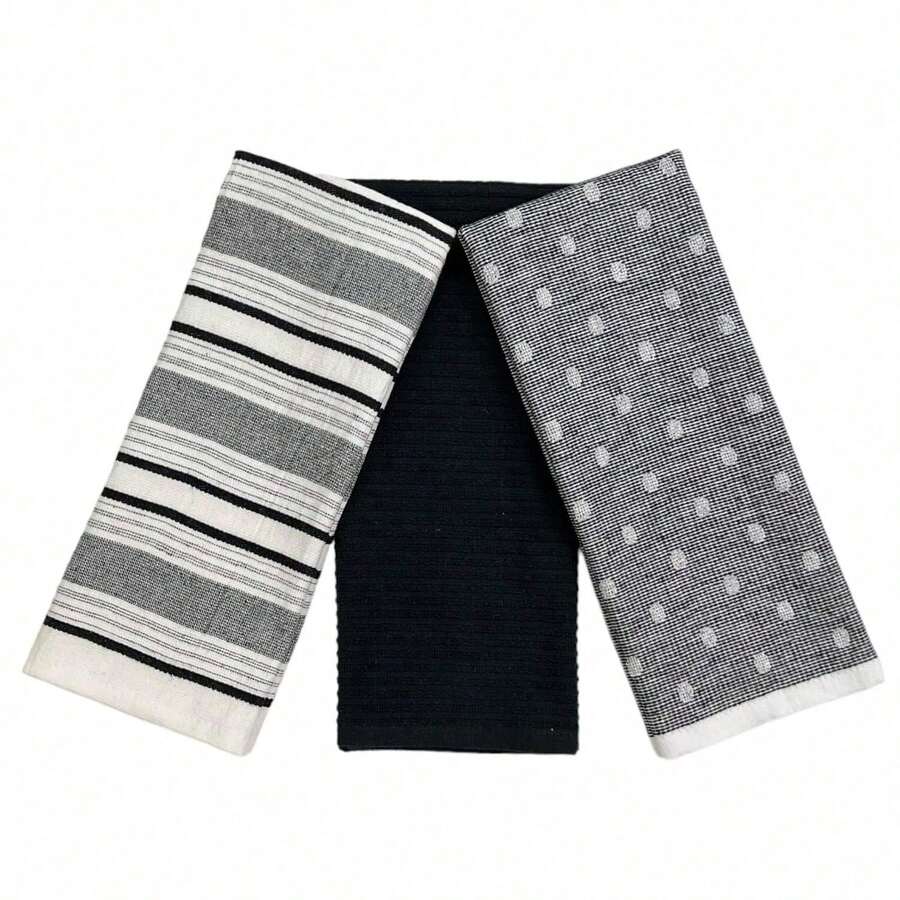 Kitchen Dish Towels: 100% Cotton Cloth Soft Cleaning Drying Absorbent Textured Terry Loop, Set Of 3 Multipurpose For Everyday Use - Black Austin - 查看 1