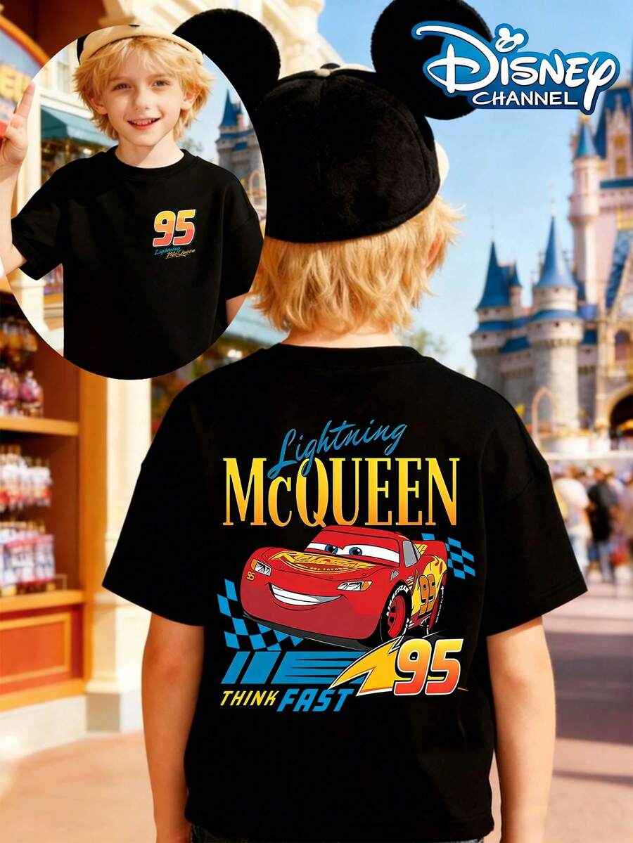 Disney Cars Lightning McQueen 95 Racing Summer Graphic Tee, Perfect For Cool Boys. Teen Boy Gift,Comfortable And Breathable Children's Short-Sleeved T-Shirt. Suitable For Both Boys And Girls.Suitable For Daily Wear, Vacations, Outdoor Activities, And As A Children's Gift. - 黑色 - 查看 1