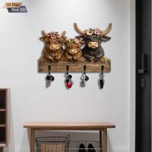 1 Peça Suporte de Chaves em Forma de Vaca 2D Plana - Decoração de Madeira Rústica. Gancho Multifuncional com 4 Ganchos de Metal. Decoração de Parede, Decoração de Varanda, Decoração de Quarto, Decoração Doméstica o Ano Todo. Adequado para Presentes Sazonais. - Multicolorido - Visão 3