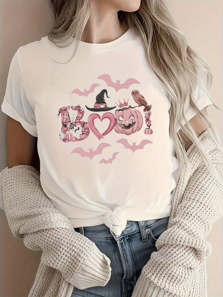 Women's Halloween T-Shirt With Pumpkin, Bat, And Witch Hat Print - Breathable & Comfortable, Crew Neck Casual Top For Leisure Wear, Halloween Clothing | Halloween Graphic T-Shirt | Comfortable Sleepwear - White - View 1