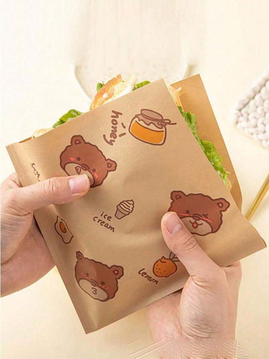 50/100/200个棕色食品袋，防油自粘食品保鲜袋，可折叠密封包装袋，适用于三明治、面包、汉堡、薯条包装，野餐派对食品自粘保鲜袋，三明治袋，防油食品纸，节日和派对用品 - 查看 1