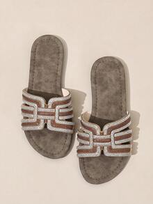 Ximi Ruo Korean Style Casual Flat Slide Sandals, Brown Color, Holiday Essential, Open Toe, Woven Roman Style, Suitable For Spring, Summer, Beach - Camel - View 2