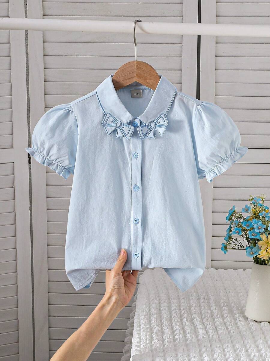 Áo ngắn tay cổ bèo nhún cho bé gái, kiểu tay cánh hoa, thích hợp cho mùa hè. - Màu xanh nhạt - Xem 1