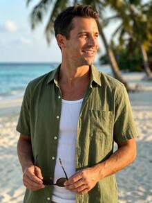Hawaiian Style Linen Loose Casual Men's Henley Collar Short Sleeve Shirt - Army Green - View 2
