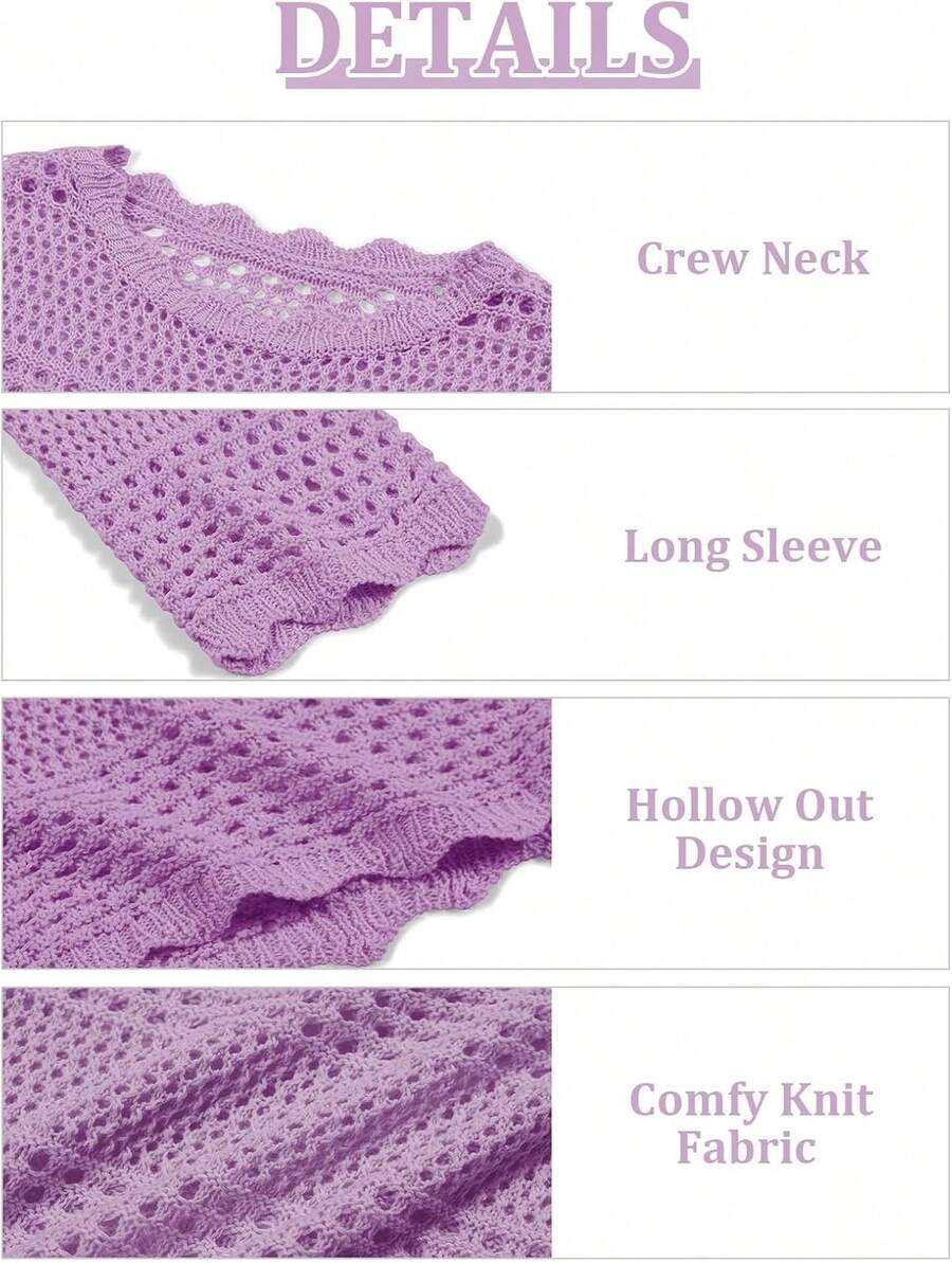 Girls Crochet Long Sleeve Swimsuit Cover Up Kids Fashion Hollow Out Swimwear Beach Dress 5-14 Years - 紫色 - 查看 1
