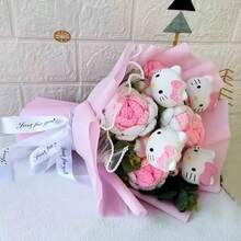 Bó hoa Hello Kitty đan thủ công SANRIO, hoa giả sống động như thật, trang trí tiệc, bó hoa cưới, quà tặng bạn bè, thích hợp cho Giáng sinh, Ngày Valentine, Ngày của Mẹ. - Nhiều màu - Xem 5