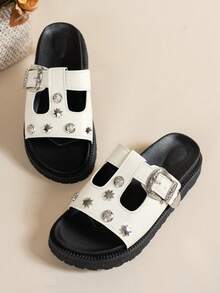 Zapatos de mujer de ajuste ancho, unicolor con decoración de remaches, diseño de una sola correa, punta abierta y transpirable, moda versátil, cómodos y ligeros, decoración de remaches, plataforma, slip-on, suela gruesa, sandalias casuales, adecuadas para uso diario - Blanco - Ver 5