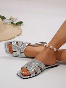 Giày sandal đế bằng mũi vuông thời trang mới dành cho nữ - Bạc - Xem 6