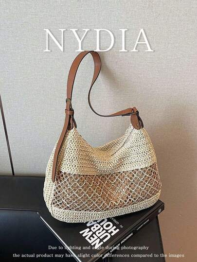 1件米色和棕色钩针镂空针织女士腋下包，法式度假风多功能夏季旅行单肩包（由于拍摄时的光线和角度，实际产品可能与图片略有色差）