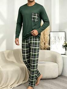 Men's Plaid Print Crew Neck Pullover Top & Pants Pajama Set, Lightweight, Casual & Comfortable, Spring/Autumn, Winter Clothes - Green - View 3